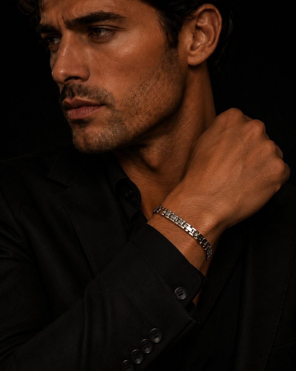 White metal link bracelet on a man's wrist — The Obsidian Line, men's bracelets