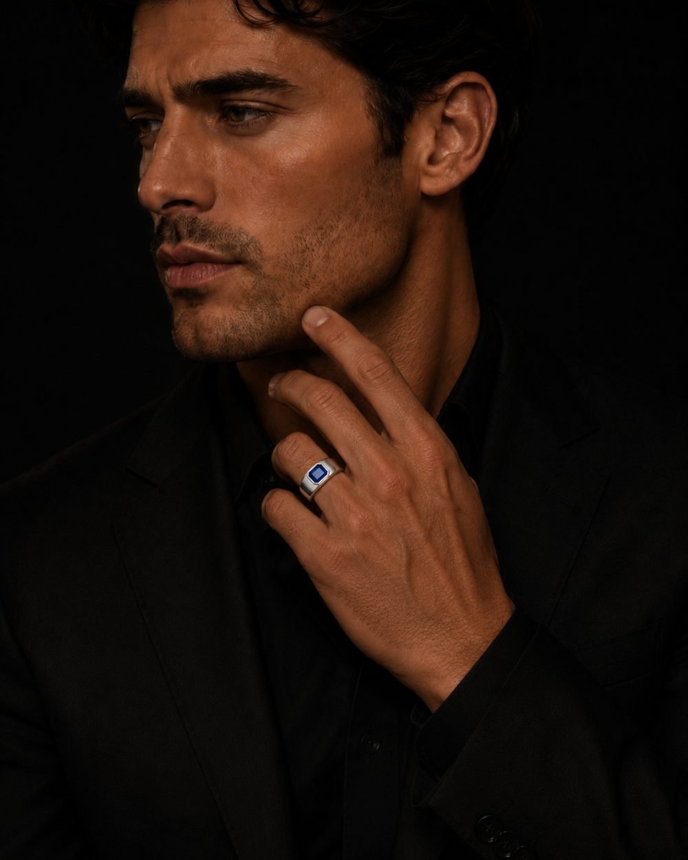 Man wearing a white gold sapphire signet ring — The Dominion Collection, men's rings
