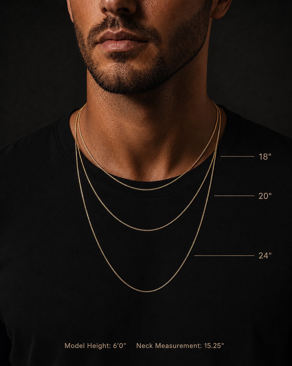 Chain length guide showing 18-inch, 20-inch and 24-inch gold necklace lengths on a male model.