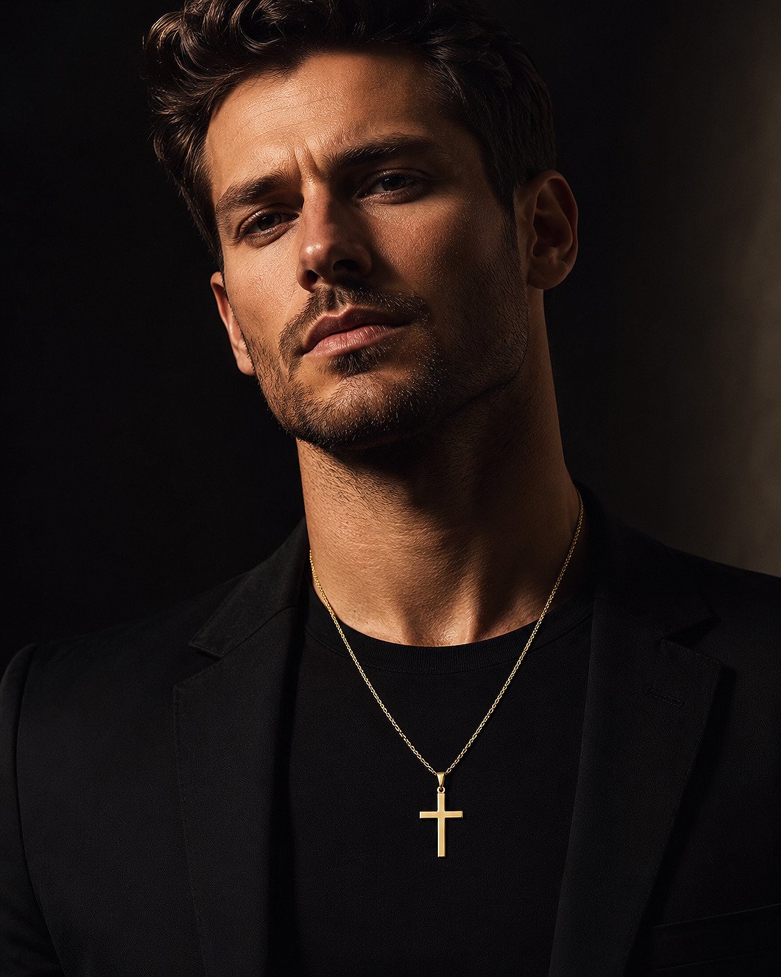 Luxury editorial detail of a men's 14K yellow gold cross pendant on an 18-inch chain.