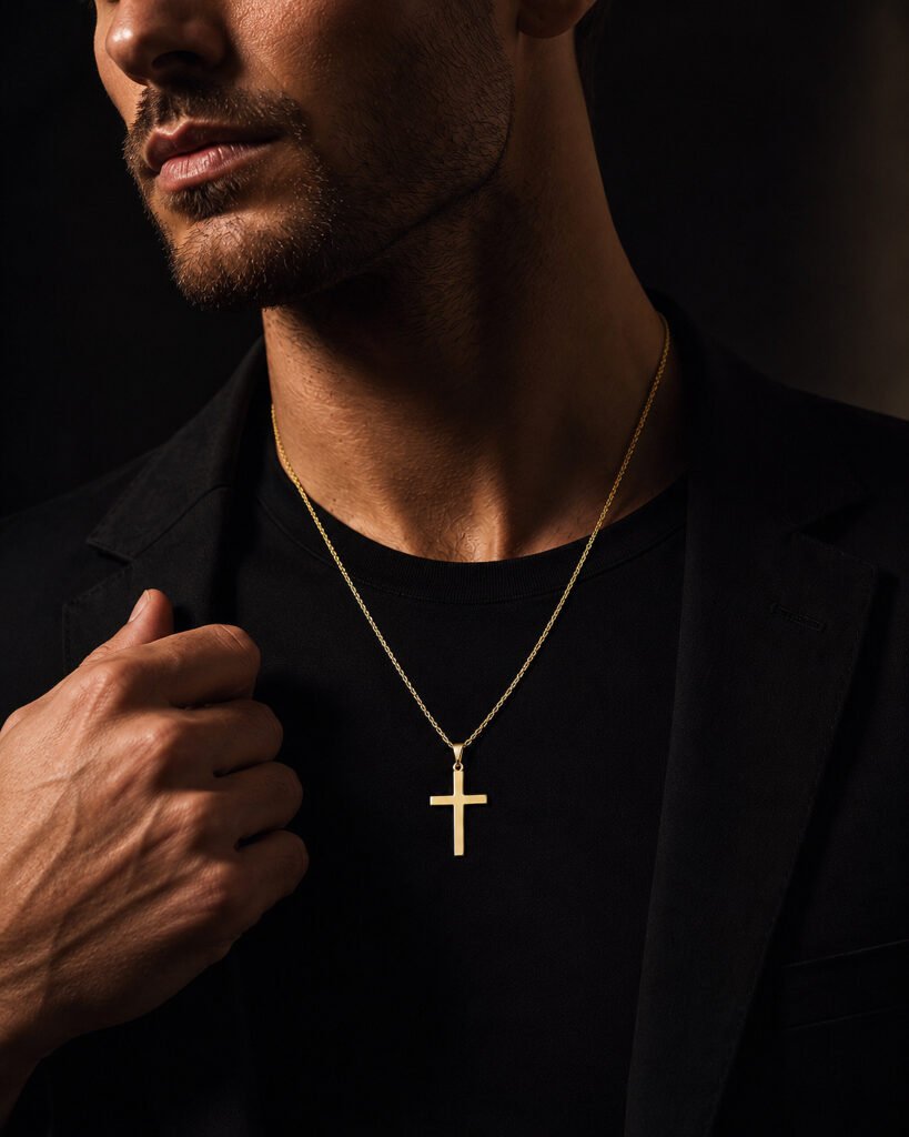 14K yellow gold cross necklace for men — polished cross pendant worn on a male model