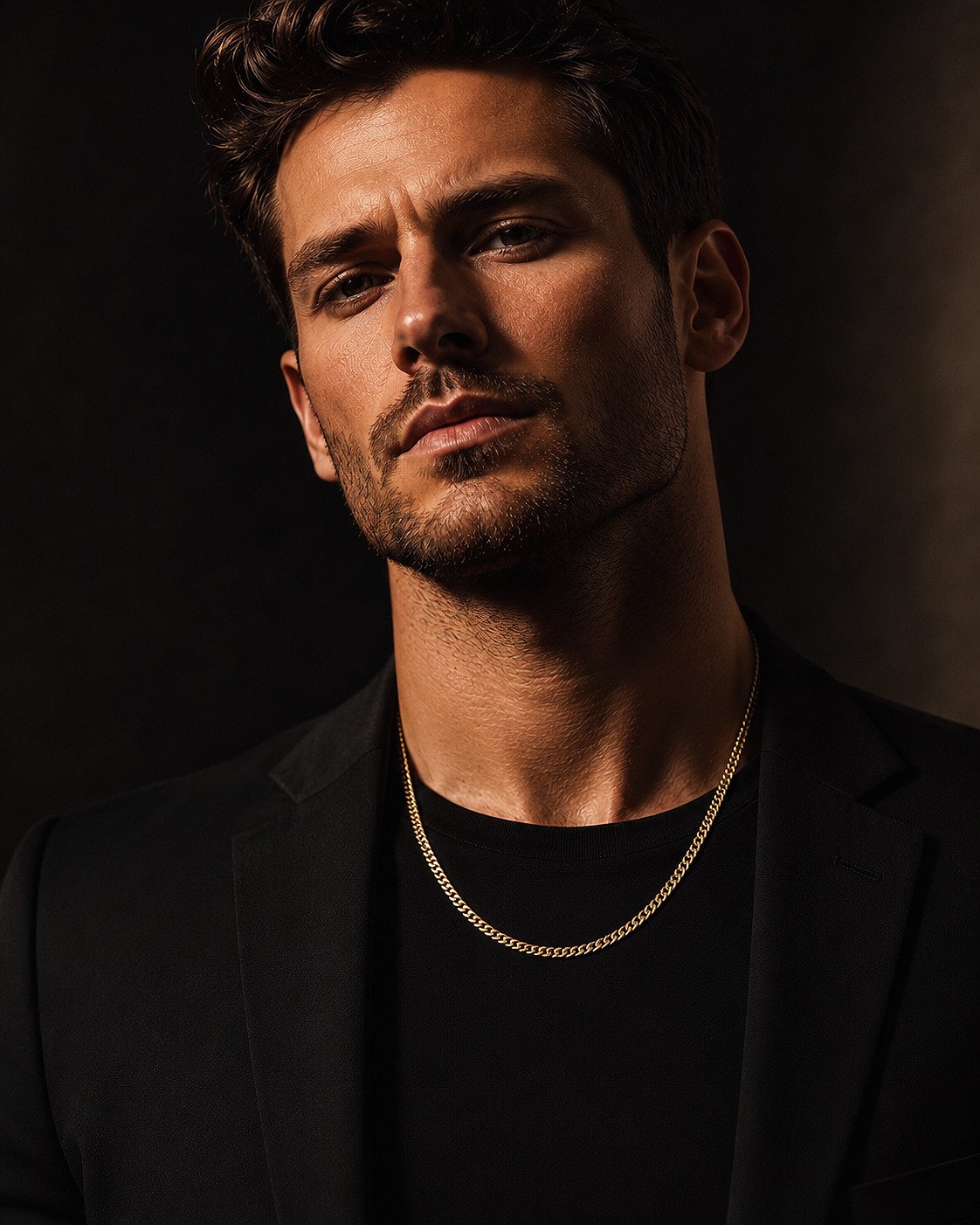 Luxury editorial detail of a polished yellow gold 18-inch Miami Cuban curb chain worn by a man.