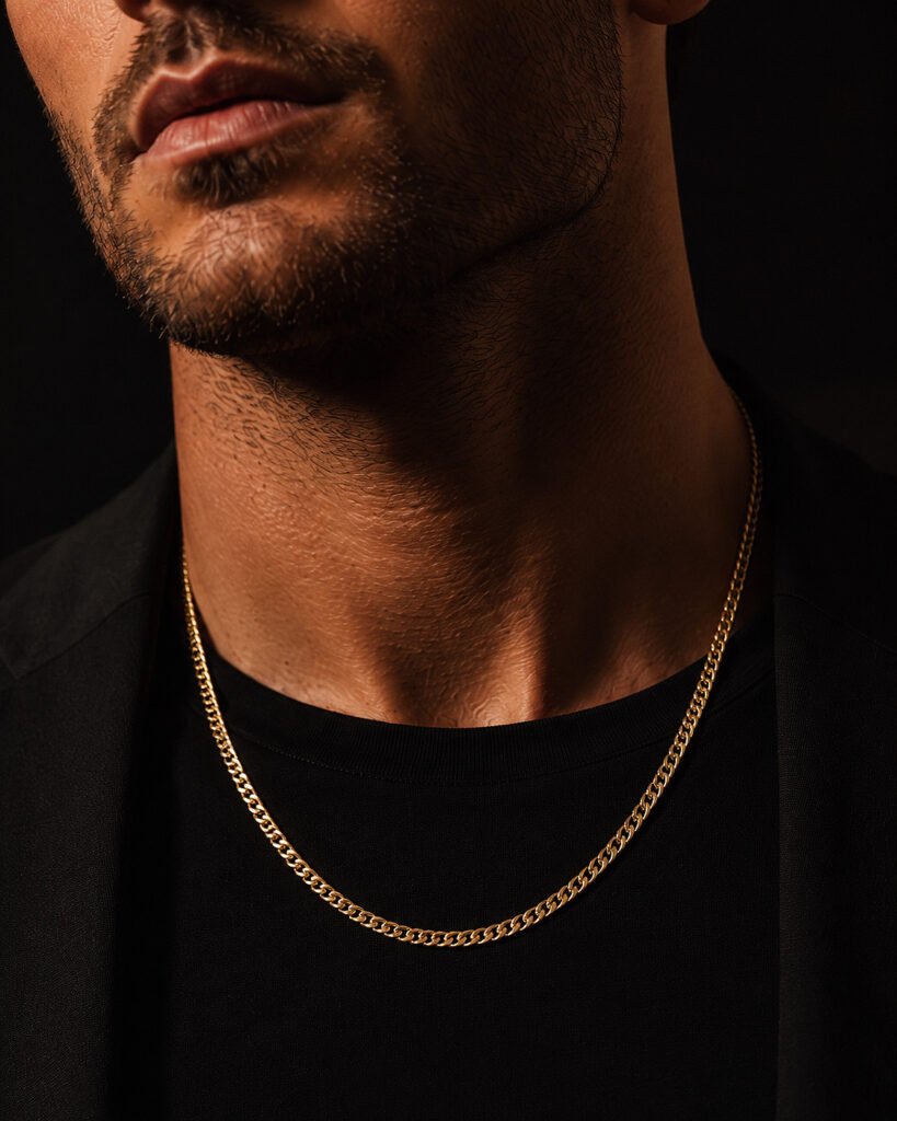 The Dominion Cuban Chain — 14K yellow gold Miami Cuban curb chain worn on a male model
