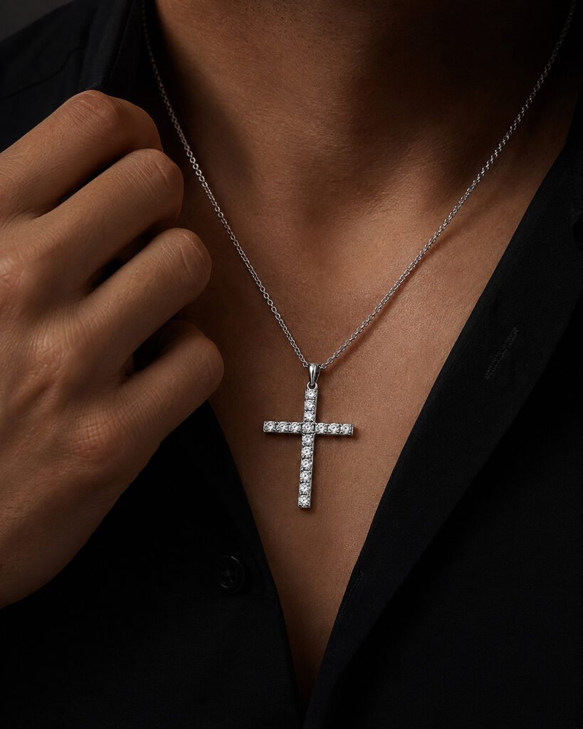 The Saint Diamond Cross — 14K white gold cross necklace with lab-grown diamonds worn on a male model