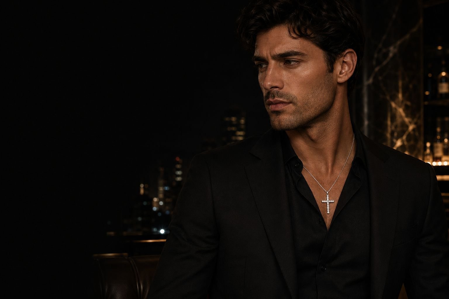 Man in a black suit wearing the Midori Diamond white gold diamond cross necklace in a dark Los Angeles lounge