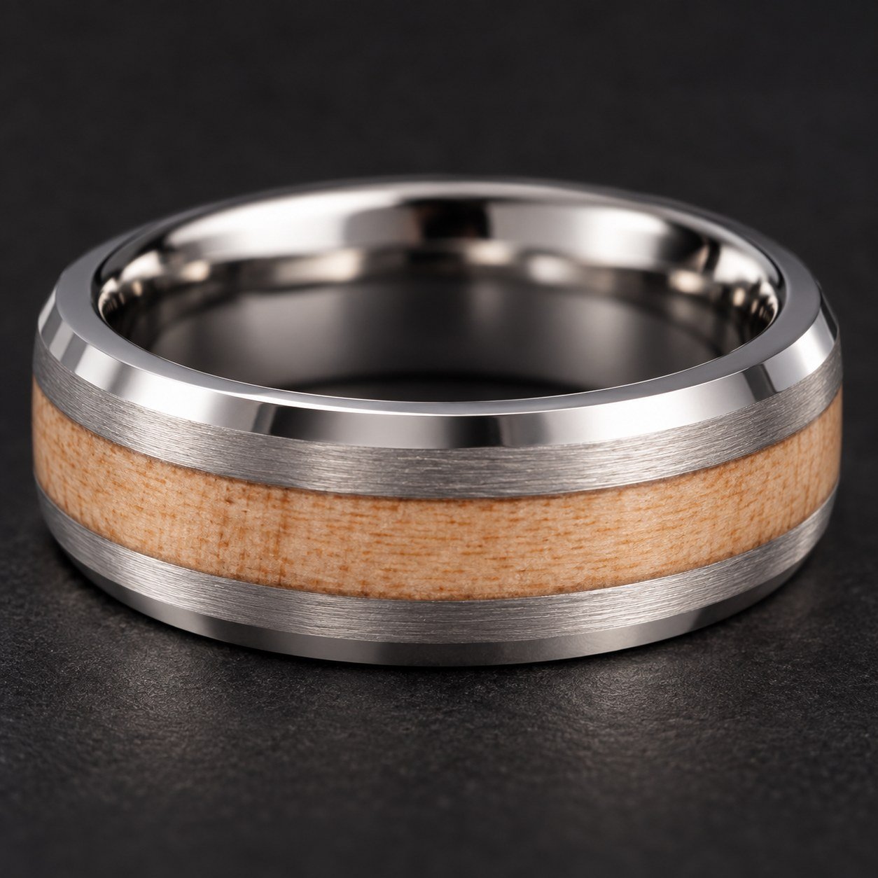 Close view of pale cypress wood grain and satin tungsten shoulders on the 6 mm Cypress Band.