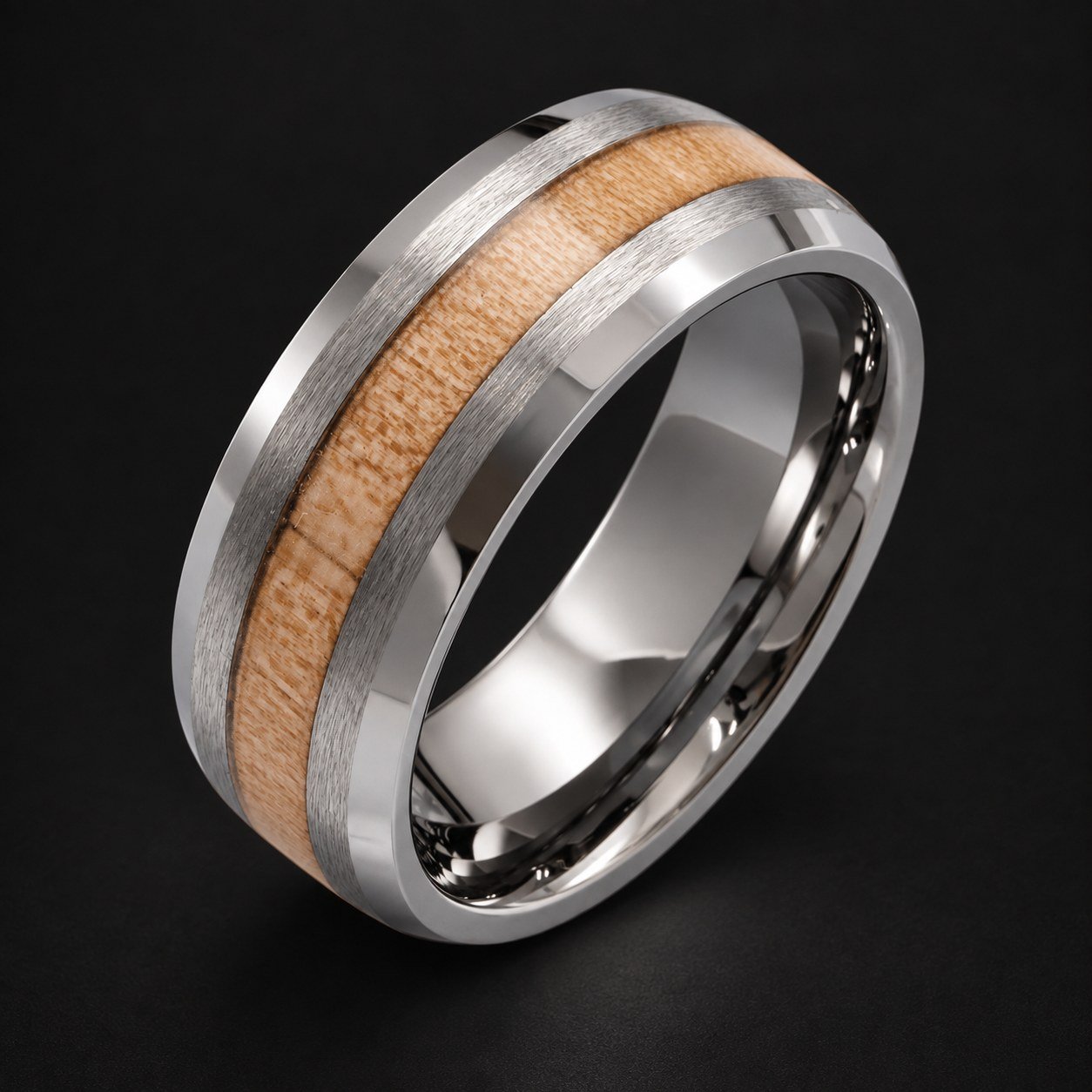 Cypress wood inlay tungsten band with satin shoulders, polished bevels and a comfort-fit interior.