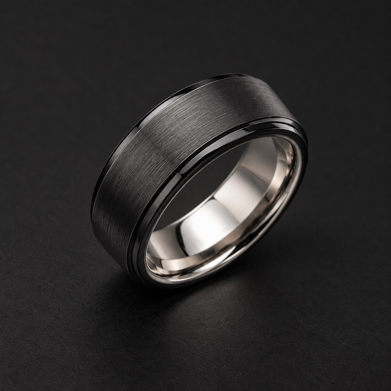 Detail of the Ridgeline band's stepped edge and brushed charcoal face on a dark background.