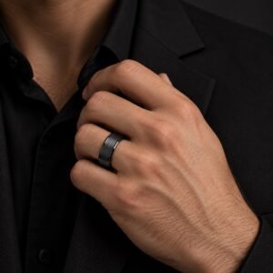 Man wearing the black 8 mm Ridgeline tungsten and ceramic band.