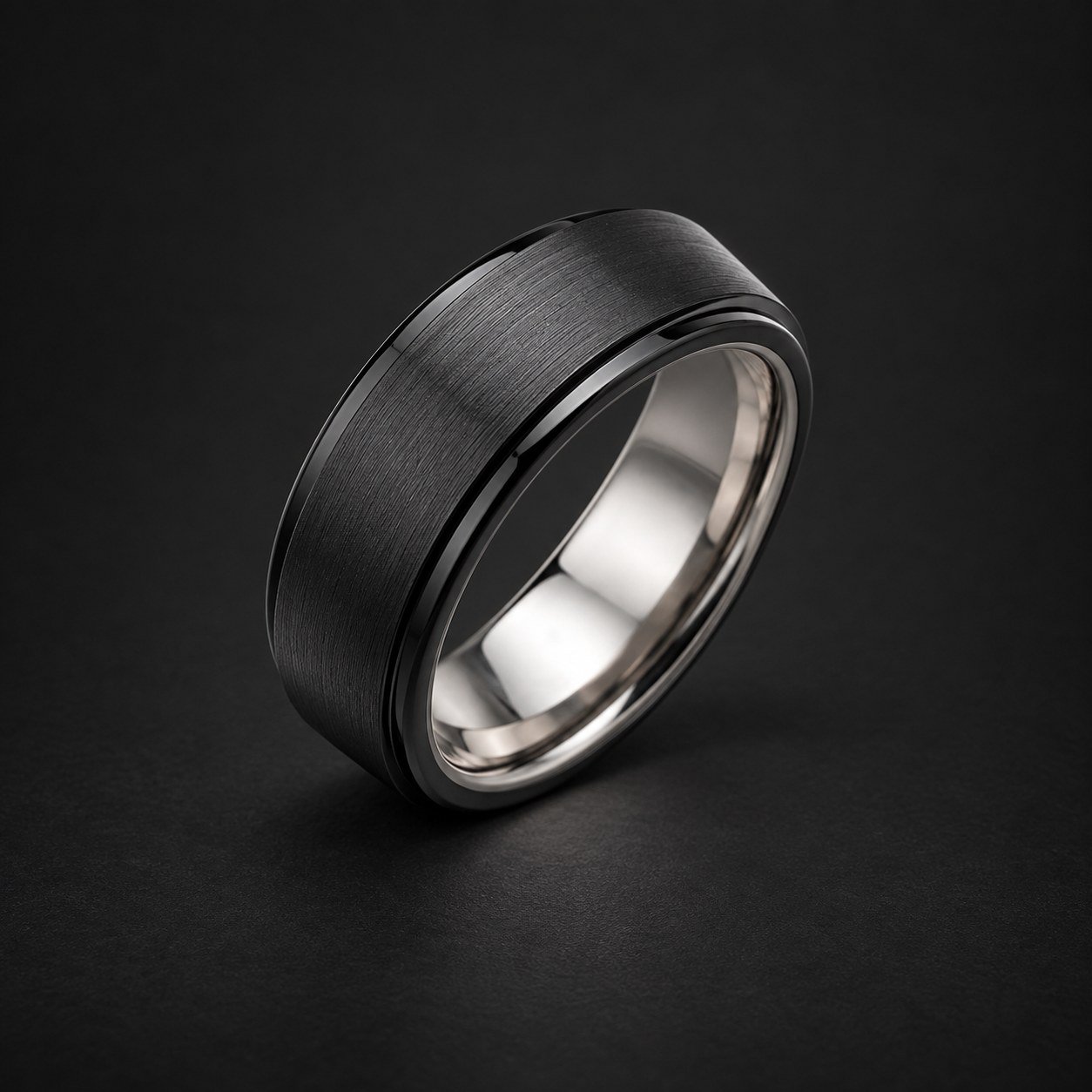 Ridgeline tungsten and ceramic ring showing its charcoal face, stepped edges and polished interior.