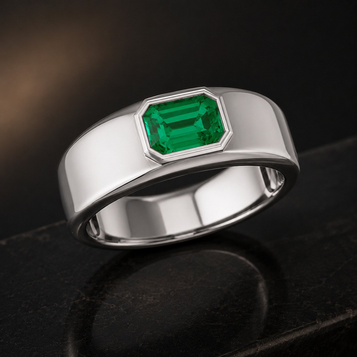 Close-up of The Verdant Crown 14K white gold ring with a bezel-set emerald-cut emerald.