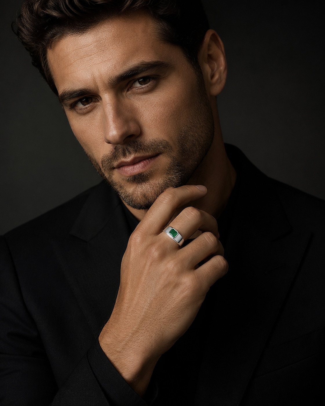 Luxury editorial portrait of a man wearing a 14K white gold emerald men's statement ring.